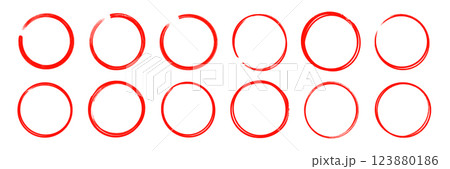 Brush stroke texture circle red hand drawn element set. Hand drawn brush stroke calligraphy rough line frame. Texture stroke red circle background. Abstract stain grunge style. Vector Brush stroke texture circle red hand drawn element set. Hand drawn brush stroke calligraphy rough line frame. Texture stroke red circle background. Abstract stain grunge style. Vector 123880186