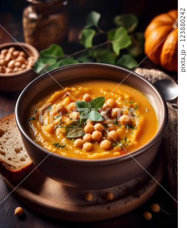 A bowl of vibrant pumpkin soup garnished with chickpeas and herbs, served with crusty bread 123880242