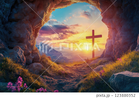 A cave entrance with a cross at sunset 123880352