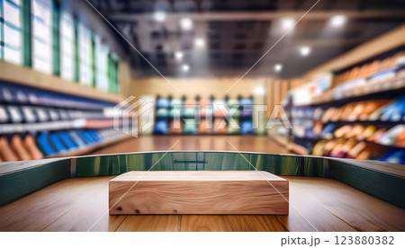 A wooden table in the foreground with a blurred background of shelves filled with colorful sports equipment, creating a vibrant and dynamic scene 123880382