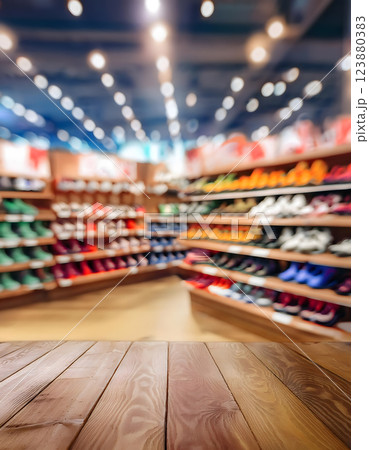 A blurred, vibrant shoe store interior with rows of colorful sneakers on display, seen from a wooden floor 123880383