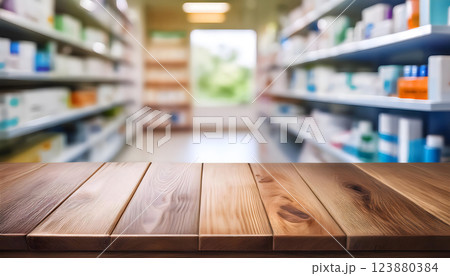 A wooden table in the foreground with a blurred background of shelves filled with various items, likely in a pharmacy or store 123880384