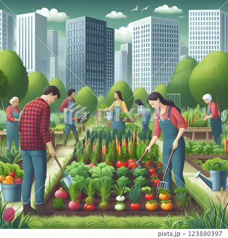 Urban community garden thrives with diverse vegetables and engaged gardeners working together against city skyline backdrop, promoting sustainable living 123880397