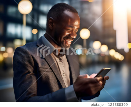 A businessman in a stylish blazer smiles while checking his smartphone on a city street at dusk, with warm bokeh lights glowing in the background 123880399