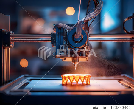 A close-up of a 3D printer in action, creating a small, intricately patterned object with a glowing orange light, set against a blurred, industrial background 123880400