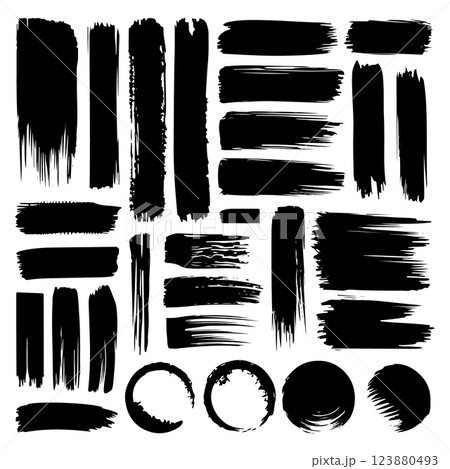 A detailed set of textured brush strokes with varied sizes and patterns. Ideal for branding, posters, and creative projects. 123880493