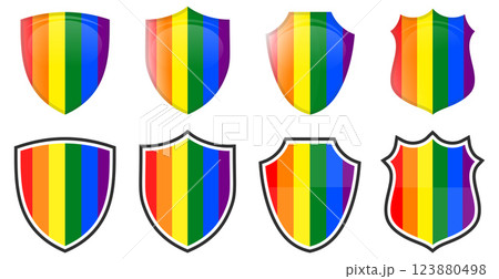Vertical LBGT movement flag in shield shape, four 3d and simple versions. Diversity icon / sign 123880498