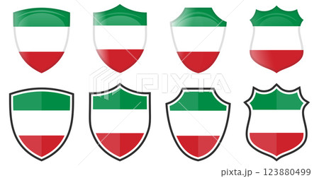Vertical Italy flag in shield shape, four 3d and simple versions. Italian icon / sign 123880499