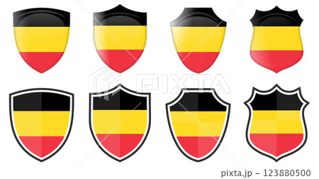 Vertical Belgian flag in shield shape, four 3d and simple versions. Belgium icon / sign 123880500