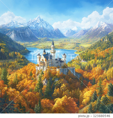 ノイシュバンシュタイン城の秋のイメージ_イラスト1 ノイシュバンシュタイン城の秋のイメージ_イラスト1 123880546