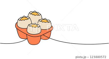 Organic chicken eggs in cardboard pack one line colored continuous drawing. Organic farm product. Vector illustration Organic chicken eggs in cardboard pack one line colored continuous drawing. Organic farm product. Vector illustration 123880572