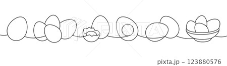 Farm eggs one line continuous drawing. Boiled eggs, broken eggshell, omelette, protein and yolk. Vector illustration Farm eggs one line continuous drawing. Boiled eggs, broken eggshell, omelette, protein and yolk. Vector illustration 123880576