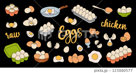 Chicken eggs set. Raw and boiled eggs, broken and whole eggshells. Organic farm product. Farming and agricultural. Vector illustration. Chicken eggs set. Raw and boiled eggs, broken and whole eggshells. Organic farm product. Farming and agricultural. Vector illustration. 123880577