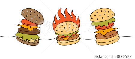 Set of burger with flying ingredients one line colored continuous drawing. Traditional American fast food. Takeaway snack. Set of burger with flying ingredients one line colored continuous drawing. Traditional American fast food. Takeaway snack. 123880578