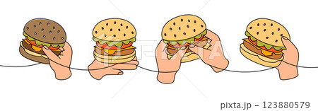 Hands holding a burgers one line colored continuous drawing. Traditional American fast food. Takeaway snack. Hands holding a burgers one line colored continuous drawing. Traditional American fast food. Takeaway snack. 123880579