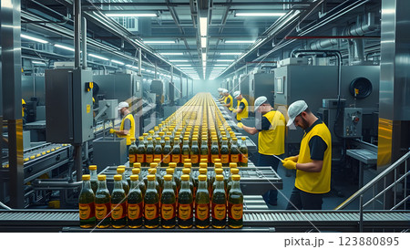 Automated factory production line with workers in yellow vests overseeing rows of bottled products. Industrial illustration 123880895
