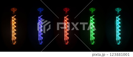 Retro looking light bulb glowing on dark background, bright wire visible in glass - colour can be changed with hue / saturation tool Retro looking light bulb glowing on dark background, bright wire visible in glass - colour can be changed with hue / saturation tool 123881001