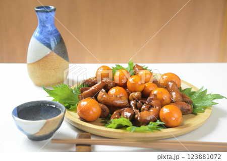 木製プレートに鶏モツ煮込み料理を盛り付けと日本酒 木製プレートに鶏モツ煮込み料理を盛り付けと日本酒 123881072