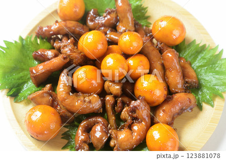 木製プレートに鶏モツ煮込み料理を盛り付け 123881078