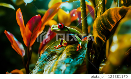 Red-eyed Tree Frog from Costa Rica on tropical plants with bright leaves after rain Breathtaking first person view Ultra realistic wild nature animals This is AI-generated item Red-eyed Tree Frog from Costa Rica on tropical plants with bright leaves after rain Breathtaking first person view Ultra realistic wild nature animals This is AI-generated item 123881170