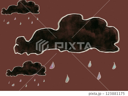 Naive artwork of the sky with dark clouds in rainy weather and water drops falling down on brown background. Bad spring weather forecast. Wet climate Naive artwork of the sky with dark clouds in rainy weather and water drops falling down on brown background. Bad spring weather forecast. Wet climate 123881175