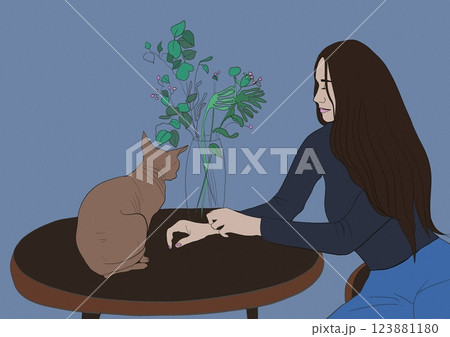 Untitled ArtworkA girl sitting at a round table on which a bald sphinx cat sits and a glass vase with a bouquet of flowers. Woman and pet. Artwork with noise effect. Untitled ArtworkA girl sitting at a round table on which a bald sphinx cat sits and a glass vase with a bouquet of flowers. Woman and pet. Artwork with noise effect. 123881180