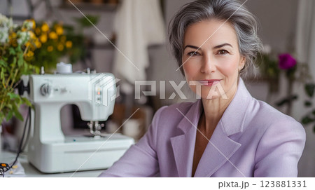 A beautiful elegant middle-aged woman in a laconic pale purple suit sits near a modern white sewing machine in atelier. Grey-haired stylish designer. This is AI-generated item 123881331