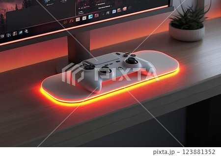 White gaming controller on a sleek illuminated dock, set on a modern wooden desk with a gaming monitor in the background White gaming controller on a sleek illuminated dock, set on a modern wooden desk with a gaming monitor in the background 123881352