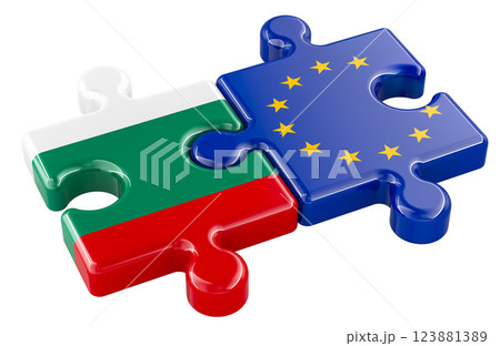 Bulgaria and the European Union puzzles from flags, euro area concept. 3D rendering 123881389