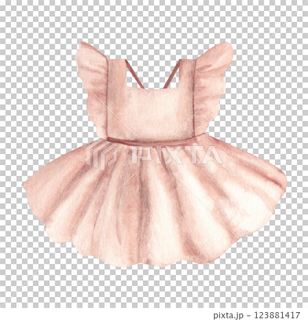 Baby girl pink linen Dress, sundress. Hand painted cute children summer clothes. Watercolor illustration in vintage style isolated on a white background. For tags, baby shower invitations and greeting Baby girl pink linen Dress, sundress. Hand painted cute children summer clothes. Watercolor illustration in vintage style isolated on a white background. For tags, baby shower invitations and greeting 123881417