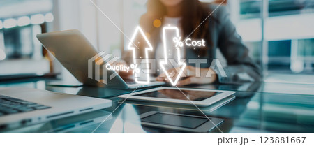 Cost reduction, cost saving concept shown by digital graphic EIDE overlays 123881667