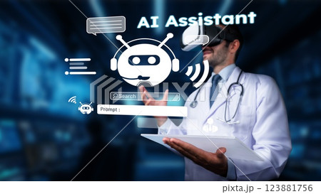 Medical Professional Interacting with Virtual AI Assistant in Futuristic Healthcare Setting. PHMT 123881756