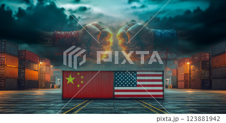 中国とアメリカの貿易戦争を象徴するコンセプトアート 123881942