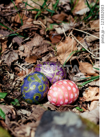 decorated eggs with intricate patterns rest on the dry leaves in forest 123882083