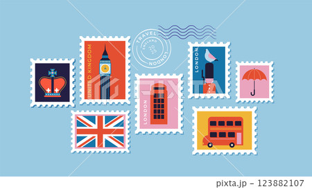 Britain Travel Stamps Collection. Vector Illustration of London Icons and British Symbols 123882107