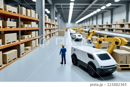 ミニチュア風の物流倉庫｜自動仕分けシステムと作業風景 123882365