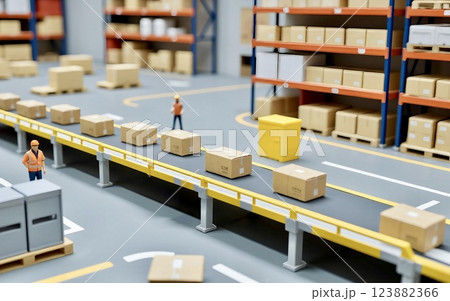 ミニチュア風の物流倉庫｜自動仕分けシステムと作業風景 123882366