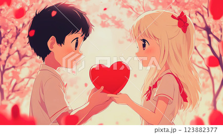 Anime couple in love. A girl and a boy holding a big red heart in their hands. Red gift box for Valentines Day 14 February. Fall in love in first time This is AI-generated item 123882377