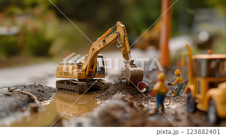 建設現場のショベルカーと作業員 パワーショベルによる水路工事 123882401