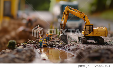 建設現場のショベルカーと作業員 パワーショベルによる水路工事 建設現場のショベルカーと作業員 パワーショベルによる水路工事 123882403