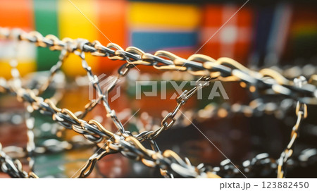 Borders between countries conceptualized using elements depicting prohibition (stop sign, ropes, metal bars). Mixed media collage. Political wars. This is AI-generated item 123882450