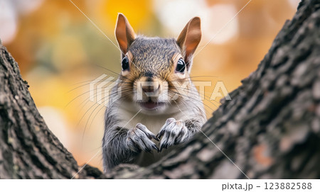 Cute squirrel sitting on a tree branch in autumn 123882588