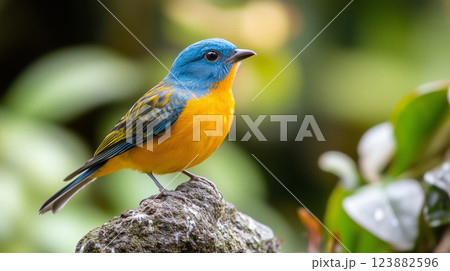 Small colorful bird with blue and yellow feathers sitting on a rock 123882596