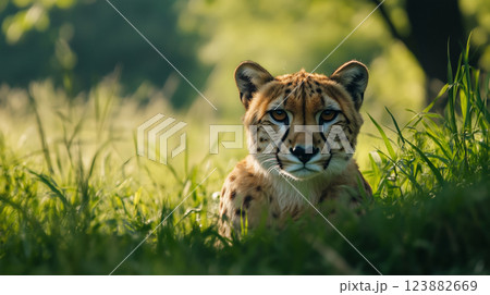 A cheetah cub sits in tall grass, its expression curious and alert A cheetah cub sits in tall grass, its expression curious and alert 123882669