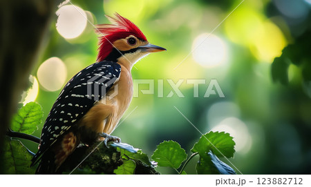 Cardinal woodpecker on tree branch 123882712