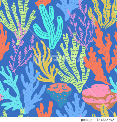 Seamless pattern with colorful sea elements, corals, seaweeds, shells and sea stars.  123882752