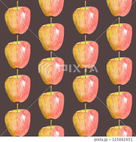 A shiny striped apple watercolor seamless pattern on grey background. Hand-painted art perfect for culinary designs, prints, packages, Rosh Hashanah, juice, harvest themed decor, organic fruit ads 123882851