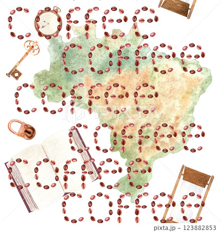 A map of Brazil with a word coffee written across, an open book, hourglass, key vertical watercolor pattern isolated on white background. Hand drawn art great for packages, cafe menu, ads, wall decor 123882853