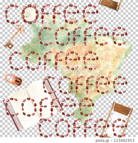 A map of Brazil with a word coffee written across, an open book, hourglass, key vertical watercolor pattern isolated on white background. Hand drawn art great for packages, cafe menu, ads, wall decor 123882853