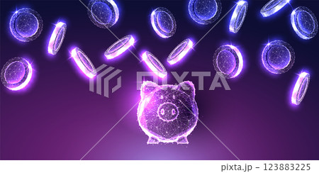 Futuristic digital piggy bank with falling coins. Glowing purple wireframe. Fintech, digital economy Futuristic digital piggy bank with falling coins. Glowing purple wireframe. Fintech, digital economy 123883225